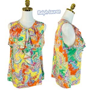 Lauren Ralph Lauren Sleeveless Ruffle Neck Paisley Print Blouse Top XL